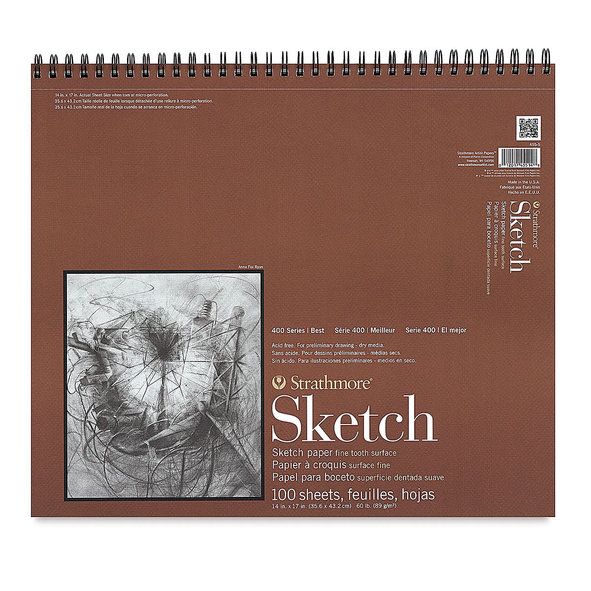 STRATHMORE 400 Series Sketch Pad - 14" x 17", Spiral Bound, Side, 100 Sheets